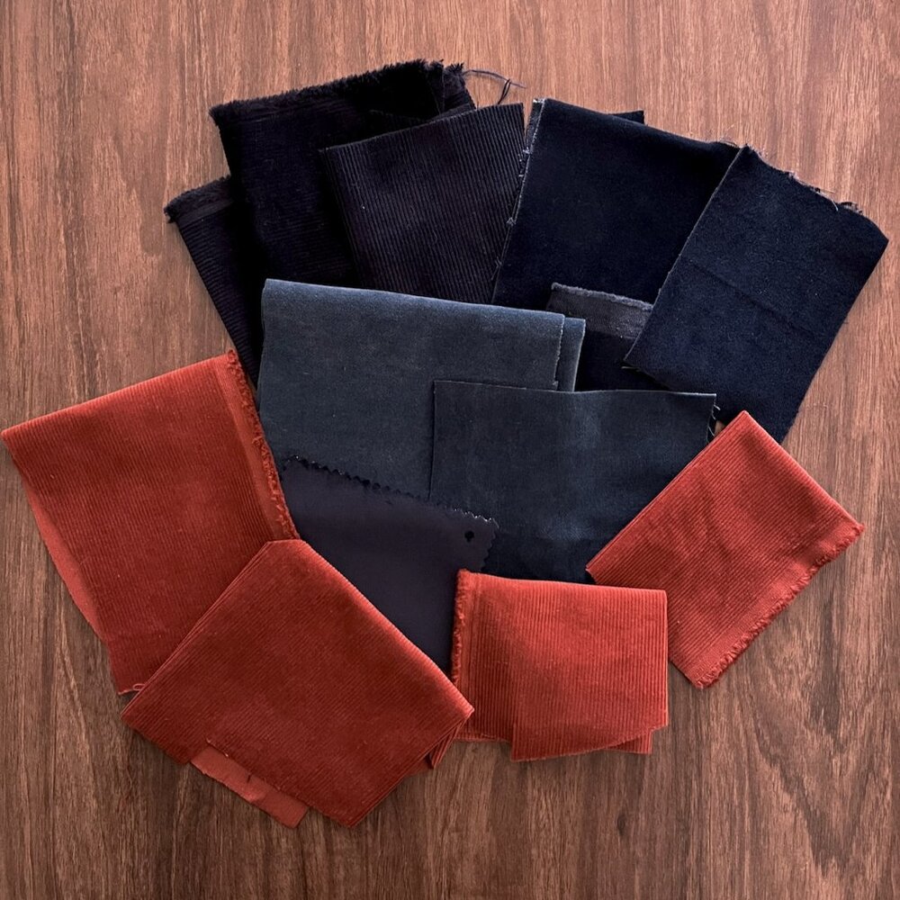 Blues and Red Corduroy and Velvet Fabric Scrap Bundle